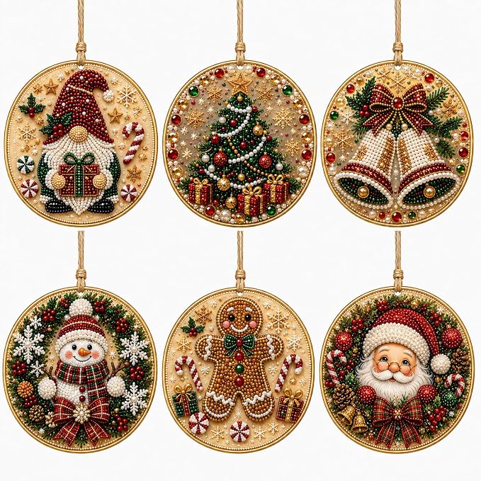 6Pcs Christmas Wooden Ornaments DIY Pearl Diamond Painting Kit (Christmas16)