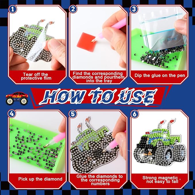 Zonon 12 Pcs Truck Diamond Art Magnets, Diamond Painting Kits Fridge | Easy Truck Theme Kits for Kids Boys, Colorful Designs for Fridge Home Decor, Creative Magnetic Stickers Gift Ideas