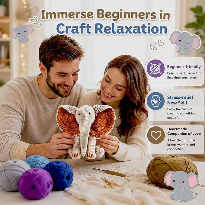 JYZJDKE Crochet Kit for Beginners Adults - DIY Amigurumi Elephant Knitting Starter Kit with Yarn Sets, Crochet Animal Kit Cute Stuffed Animal Craft Birthday Gifts (Beige White+Tiffany Green Elephant)