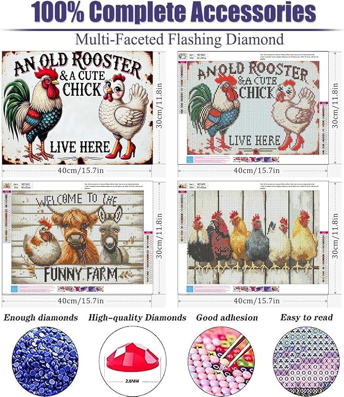 mrpwnle 3 Pack Diamond Art Kits for Adults, Chicken Diamond Painting Kits