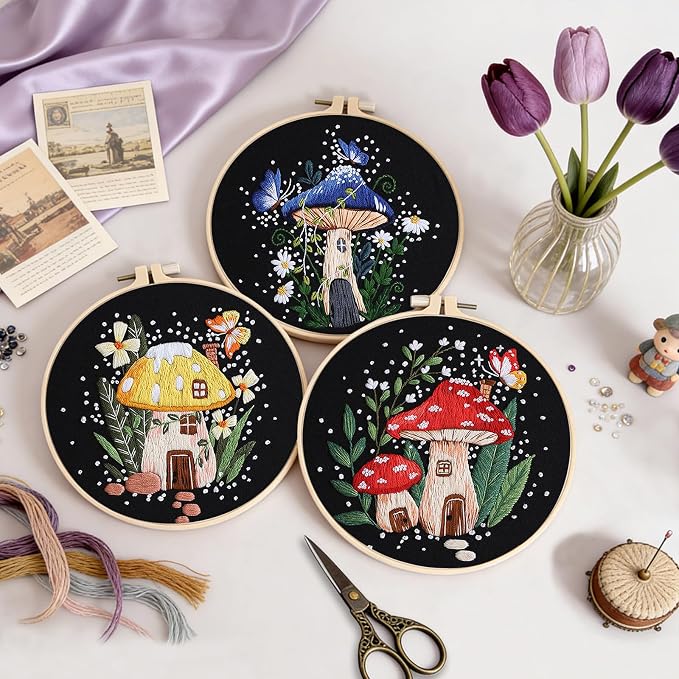 Uniartfy 3 Sets Embroidery Kit for Adults Beginners, Needlepoint Kits Cross Stitch, Hand Embroidery Starter Kit with Mushroom Stamped Patterns, Hoop, Tools, Colorful Threads with Needles, Instructions