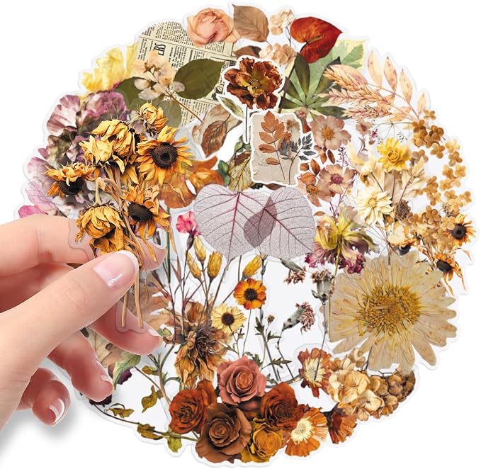 Transparent Flora Scrapbook Stickers 50 Pack, Vintage Aesthetic Flowers Stickers for Scrapbook Journal, Waterproof for Water Bottles Laptop Phone Scrapbook Supplies DIY Crafts(colours-F17)