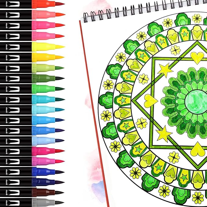 Green Double Tip Brush Pens Art Markers,24 Colored Artist Fine Brush Pen Coloring Markers for Adult Drawing Art Craft Kit
