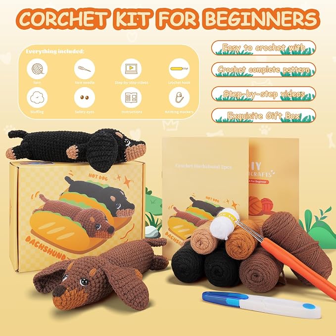 Fortuning's JDS Crochet Kit for Beginners, 2 PCS Dachshund Crochet Kits