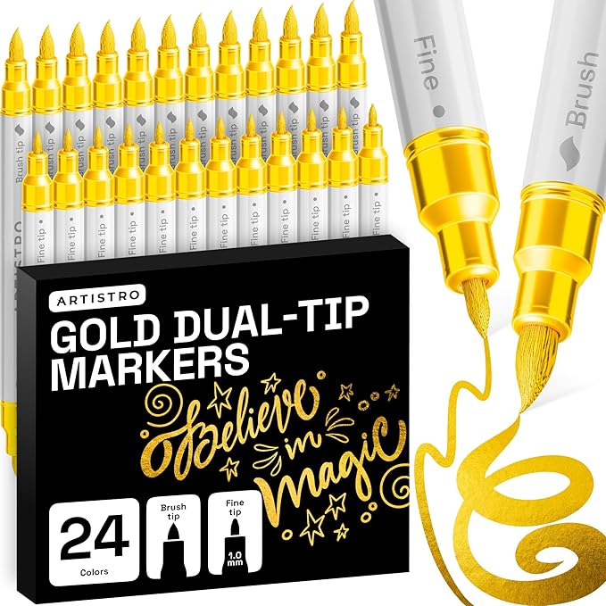 ARTISTRO 24 Gold Dual-Tip Acrylic Paint Marker Pens for Drawing | For Fabric, Rock, Glass, Wood, & Molds, Arts & Crafts Gift for Adults, Teens, & Kids, Classroom Must Haves & School Supplies