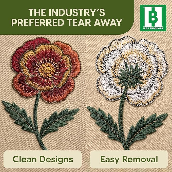 HBI Tear Away Embroidery Stabilizer Sheets, 8 x 8 in, 100 Pack | 1.8 oz tearaway backing, machine and hand embroidery, tears clean, fits all hoops and machines, white, made in USA