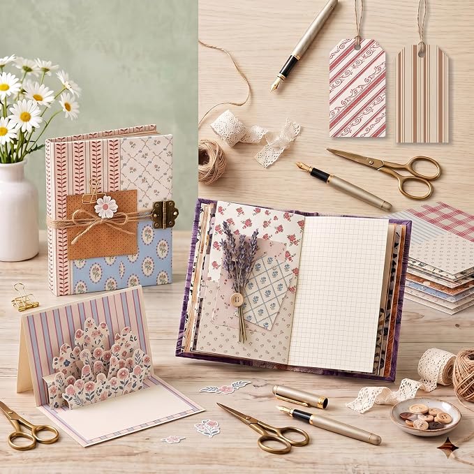 Striped Scrapbook Paper Vintage Flower Patterned Paper Pad 12×12,24 Sheets Double-Sided Bobo Floral Scrapbooking CardStock Papers Pad for Holiday Cardmaking DIY Origami Papers.