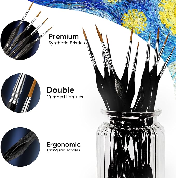 10Pcs Miniature Detail Paint Brushes Triangular Wood Handle Set | Tiny tips for acrylic, oil & watercolor, for paint-by-number, models, figurines, face paint, crafts & adult drawing, Black
