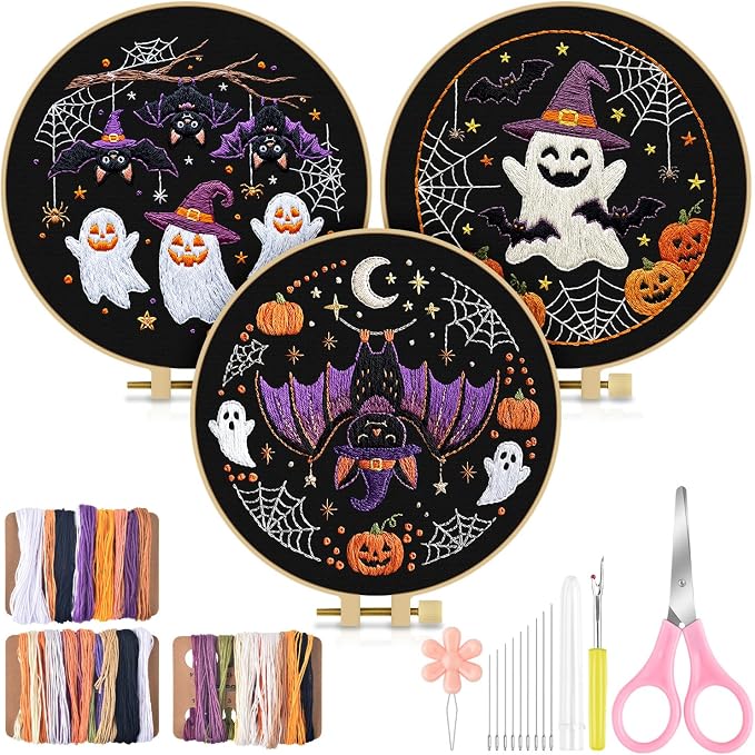 TINDTOP Halloween Embroidery Kit for Adult, 3 Pack Embroidery DIY Starter Kit, with Stamped Patterns, Hoop, Tools, Colorful Threads with Needles, Instructions