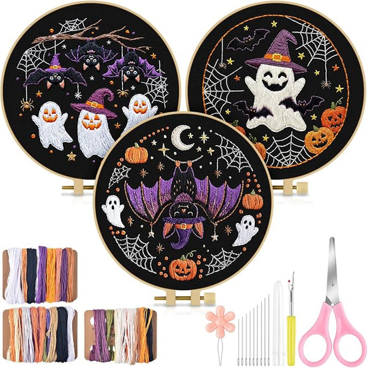TINDTOP Halloween Embroidery Kit for Adult, 3 Pack Embroidery DIY Starter Kit, with Stamped Patterns, Hoop, Tools, Colorful Threads with Needles, Instructions