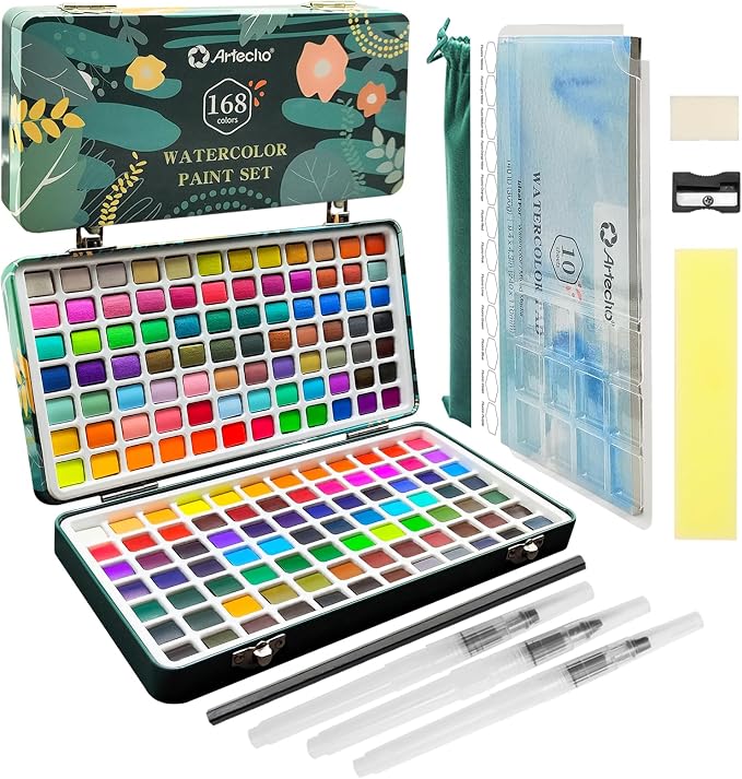 Artecho 168-Color Watercolor Paint Set with Metallics, Tin Case | 168 Colors: 84 Classic, 48 Metallic, 24 Pastel & 12 Fluorescent; Watercolor Pad, 3 Water Brushes and Art Tools Included