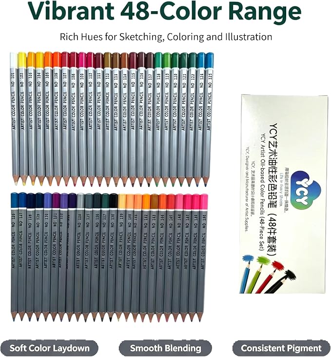 YCY 48-Color Oil-Based Colored Pencils Set Natural Wooden Pencils Art Pencils for Sketching Drawing Coloring Ideal Gift for Teens & Adult Art Lovers Ages 13+, 3.3mm, Gift Box Packaging