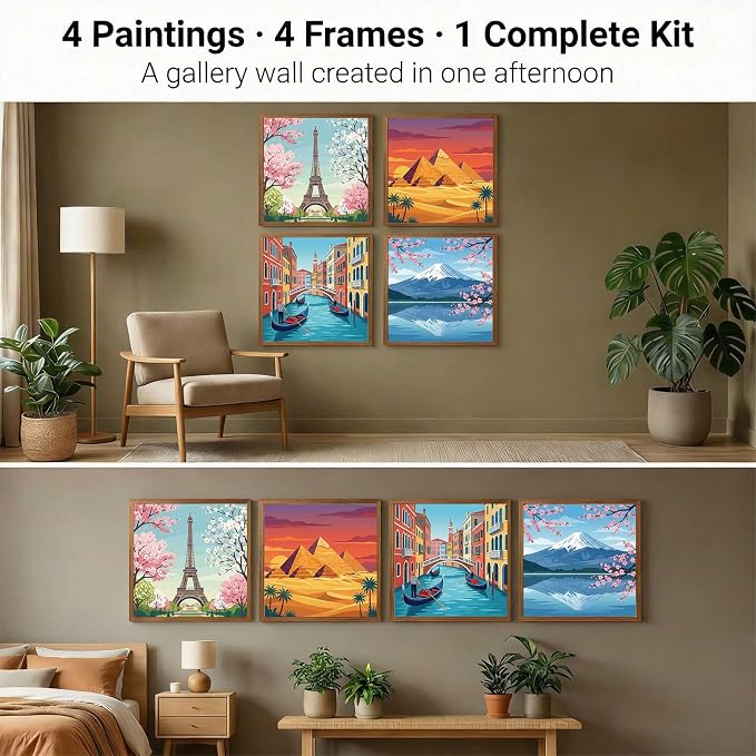 Amphol Framed Paint by Numbers Kit for Adults, Landmarks 4 Pack Paint by Number Kit for Beginners wtih Frame, DIY Landscape Oil Painting Arts on 10”x10” Framed Canvas, Great Home Wall Decor Gift