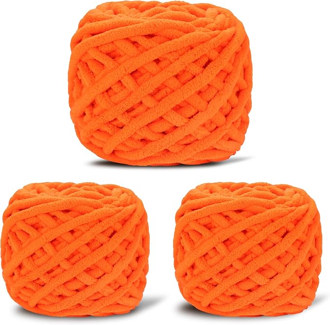 3 Pack Plush Chenille Chunky Yarn for Crocheting 100g(54.6yd) - Bulky Thick Fluffy Yarn for Knitting- Soft Velvet for Baby, Blanket Knitting Blanket Yarns- Amigurumi Yarns (3-Orange)