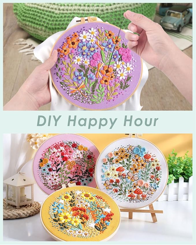 ERKOON 4 Sets Embroidery Kit for Beginners,Hummingbird and Flower Cross Stitch Set for Include Embroidery Cloth Hoops Threads for Craft Lover Hand Stitch (Flower)