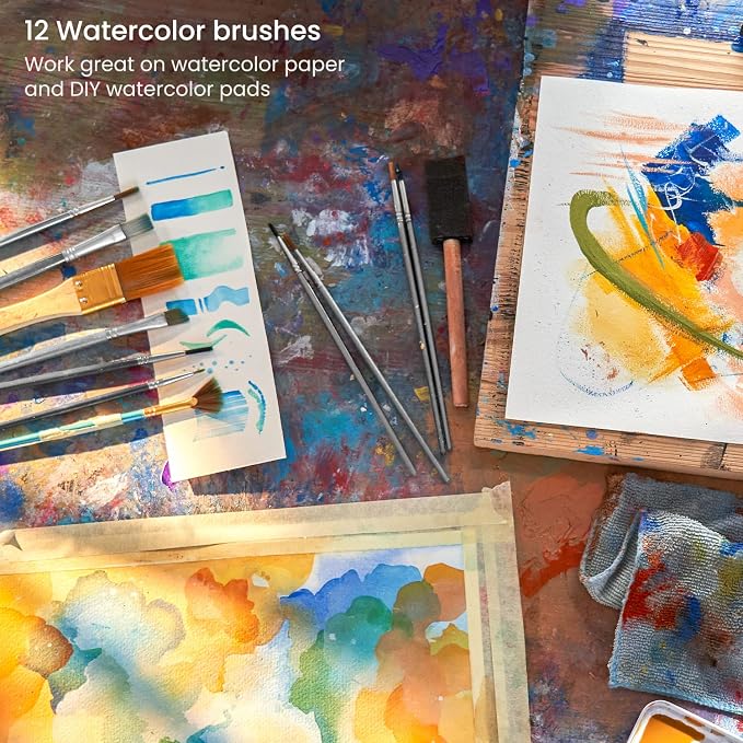 ARTEZA Watercolor Brush Set of 12, Synthetic Hair, Round & Flat Brushes for Watercolor, Acrylic, Gouache, Art Supplies for Adults, Beginners & Artists