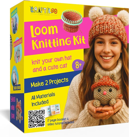 Knitting Kit for Kids - Beginner Loom Knitting Kit to Make a Hat & Cat