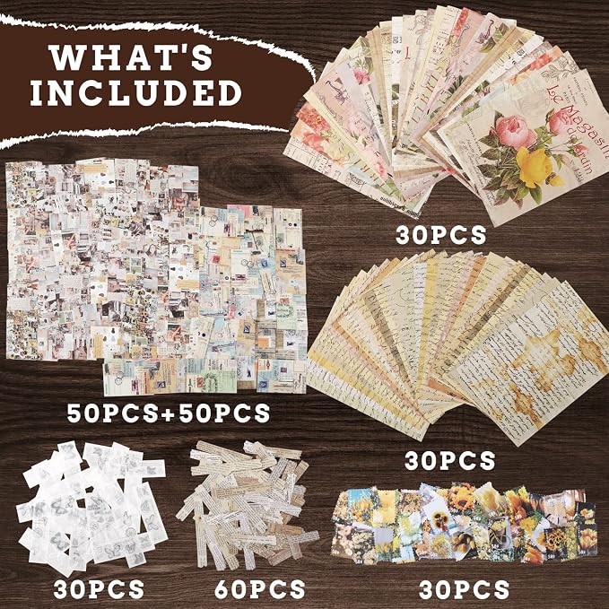GNILLKO 300 PCS Vintage Scrapbook Supplies Kit | Scrapbook Paper Junk Journal Supplies with Stickers for Planner, Bullet Journaling, Junk Journal