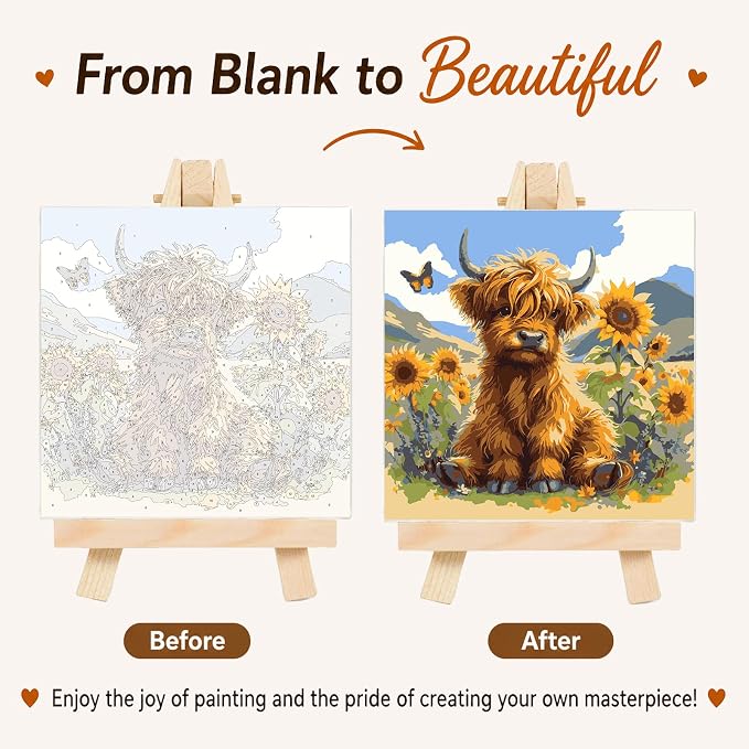AUKELHJ Framed Paint by Numbers Kit for Adults, Highland Cow, 10x10 inch