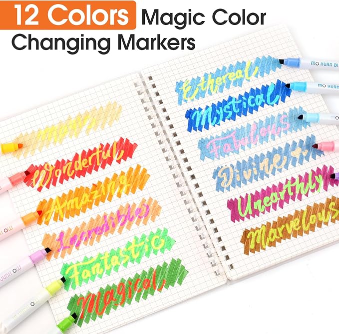 HANKU 12 Pack Color Changing Highlighter Markers, Dual-Tip Magic Highlighters, Assorted Colors Journaling Drawing School Office Art Supplies