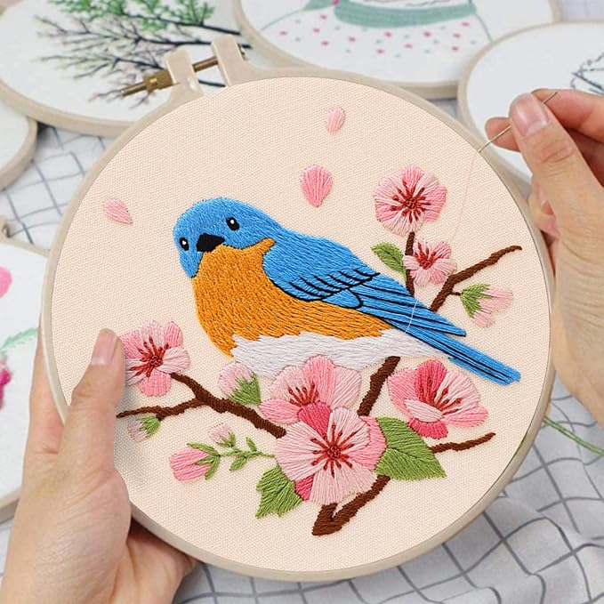 Louise Maelys Blue Bird Embroidery Kit for Beginners, DIY Floral Kit | Needlepoint Kit with Hoop, Printed Fabric, Threads, Needles and Instructions. Perfect for DIY Cross Stitch Kits craft at home