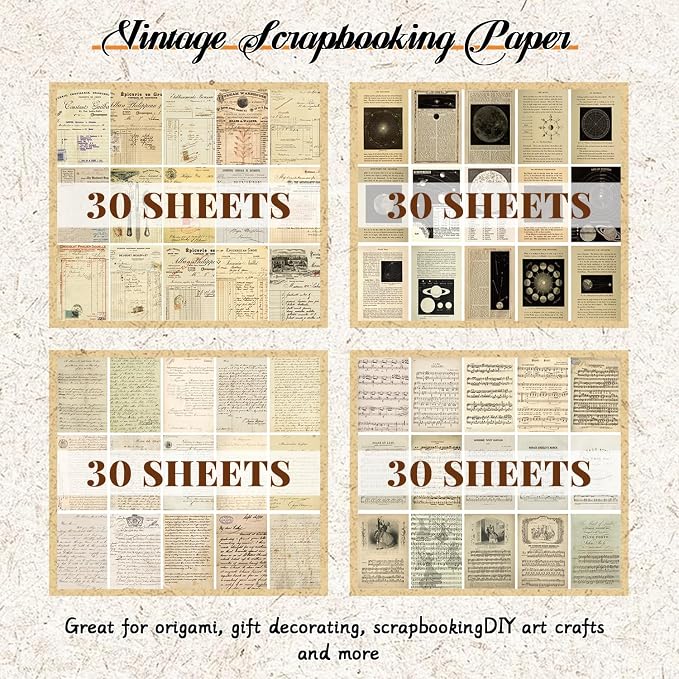 120Pcs Vintage Scrapbook Paper Kit for Junk Journal Supplies Stationery
