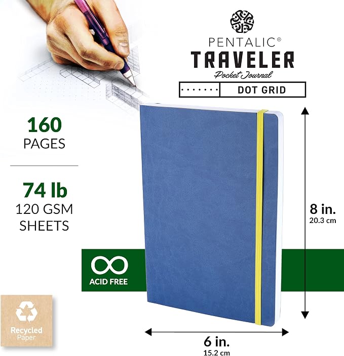 Pentalic 6 x 8" Pocket Dot Grid Traveler Journal, 160 Pages, Denim Blue
