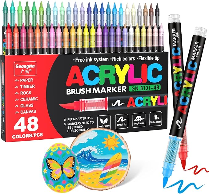 Guangna Acrylic Paint Markers Brush Tip, 48 Vivid Colors with Direct-Liquid Ink System, Professional-Grade Paint Pen for Rock Painting, Canvas, Glass, Plastic, Fabric & Creative Crafts