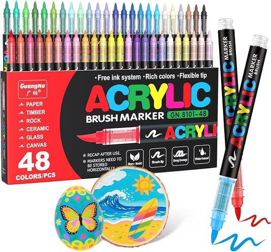 Guangna Acrylic Paint Markers Brush Tip, 48 Vivid Colors with Direct-Liquid Ink System, Professional-Grade Paint Pen for Rock Painting, Canvas, Glass, Plastic, Fabric & Creative Crafts