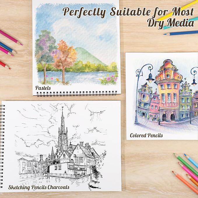 12 Pack Sketch Book 9 × 12 in, Top Spiral, 30 Sheets Each, Tan | 100gsm Acid-Free Paper, Hardcover Backboard, Lay-Flat Top Spiral, for Sketching, Drawing And Dry Media