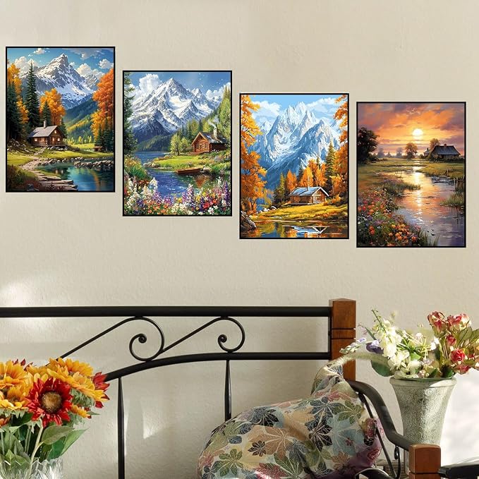 4 Pack Paint by Numbers Kit for Adults, Landscape Paint by Numbers Kits | Mountain Cabin Paint by Numbers for Adults, DIY Easy Painting by Numbers for Adults Beginners Wall Art Decor Gifts 12x16 Inch