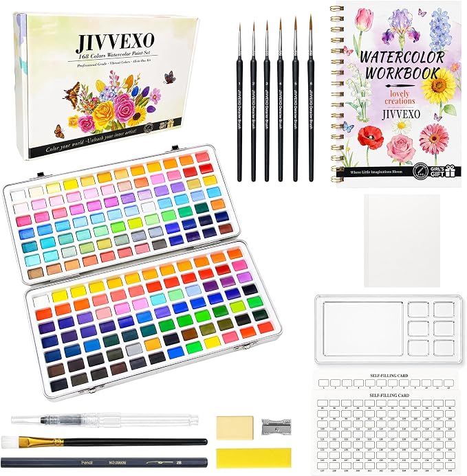 168 Colors Watercolor Paint Set with Watercolor Workbook for Adults | Travel Watercolor Set with 14 Pre-Drawn Projects, 1 Water Brush, 6 Detail Brushes & Painting Supplies for Teens & Beginners