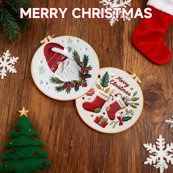 TPZBWG Christmas Embroidery Kit, 4 Pack Cross Stitch Kits,DIY Embroidery Starter Kit for Adults & Beginners, DIY Needlepoint Kit with Embroidery Hoop Thread Needle for Craft Lover Birthday Gifts 1