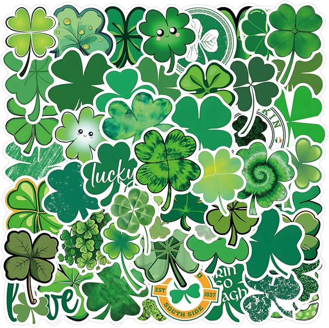 55Pcs Four Leaf Clover Stickers St.Patricks' Day Green Lucky Shamrock Decals for Irish Party Supplies Crafts Adults Gifts(Four-Leaf Clover)