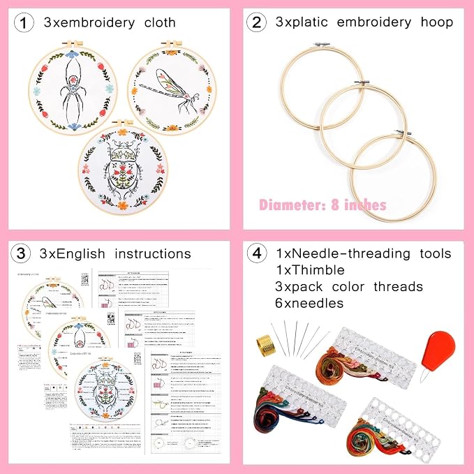 Armindou Hand Embroidery Kits for Beginners Adults, Insect Flowers Embroidery Set Needlepoint Kits, Spider Stamped Cross Stitch Kits for Beginners Adults, 3 Embroidery Hoops (Attached Video Tutorial)