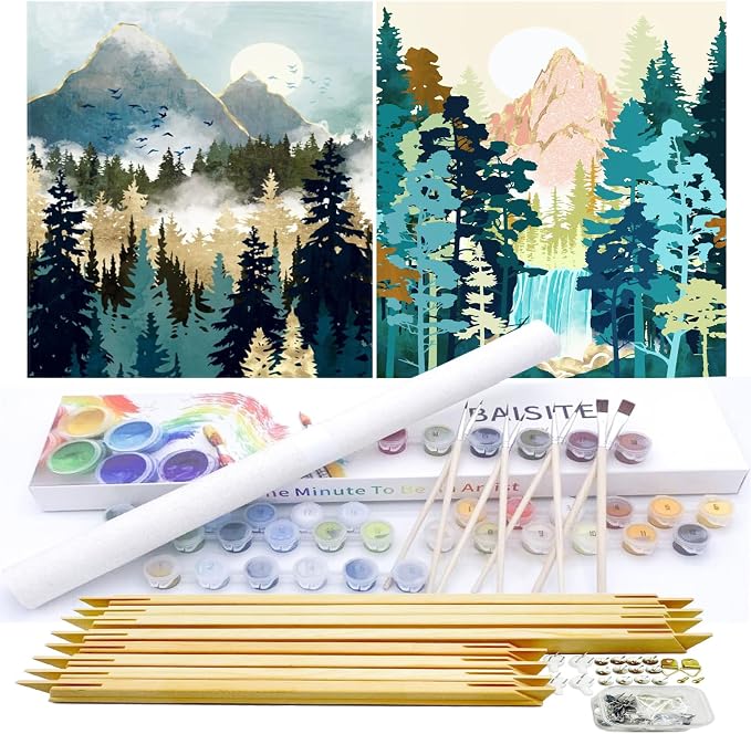 BAISITE Paint by Numbers Kit for Adults Beginners,12" Wx16 L 2 Pack Canvas for Painting Kits for Adults in Colorful Box-Sunrise Mountains Waterful 7172-DIY Frame