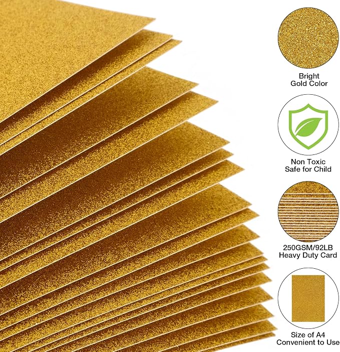 22 Sheets A4 Gold Glitter Cardstock, Premium No-Shed Sparkly Paper for Cricut, Card Making & Scrapbooking, Wedding Decor, 250 GSM Crafts Paper (A4 Size 8.3x11.7in)
