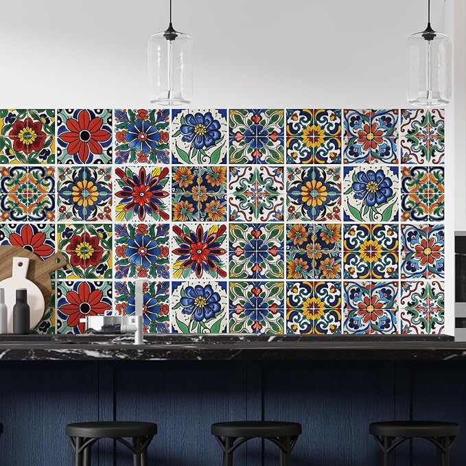 30 Pcs Mediterranean Style Peel and Stick Wall Tile Decals - Waterproof Vinyl Stickers for Kitchen Backsplash, Bathroom, Stair Riser Decor - Spanish Floral Pattern - 4x4 Inch
