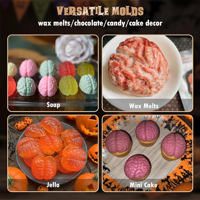 HKNMTT Halloween Brain Silicone Molds 2 Pack 6 Cavity, Spooky Brain Shape Baking Tray for Chocolate Candy Wax Melts Tarts Cupcake Pizza Cake Oven Safe Food Grade Moulds for Kids Party DIY Fun