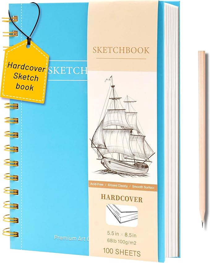 Yoment Small Sketch Book 5.5"x8.5",Mini Sketchbook,Spiral Bound,100 Sheets | Blue,68 lb/100gsm Hardcover Sketch Pad for Kids,Art Sketchbook Drawing Pad Book with Pencil,For Kids, Beginners,Artists