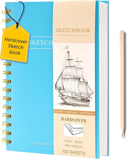Yoment Small Sketch Book 5.5"x8.5",Mini Sketchbook,Spiral Bound,100 Sheets | Blue,68 lb/100gsm Hardcover Sketch Pad for Kids,Art Sketchbook Drawing Pad Book with Pencil,For Kids, Beginners,Artists