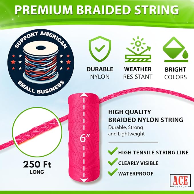 Fluorescent Pink Mason Line String Line - #18 Braided Nylon String - 250 Ft Length - Nylon Twine for Gardening Or Masonry Tools - Perfect Construction String for A String Level, Twine String