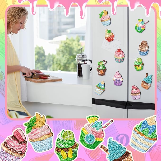 Remuuly 30 Pcs Cupcake Diamond Painting Magnet Diamond Art Kits for Adults | Cake Refrigerator Magnets, Cupcake 5D Rhinestone, Fridge Magnetic Sticker, Small Diamond Club Gifts, Beginner DIY Crafts