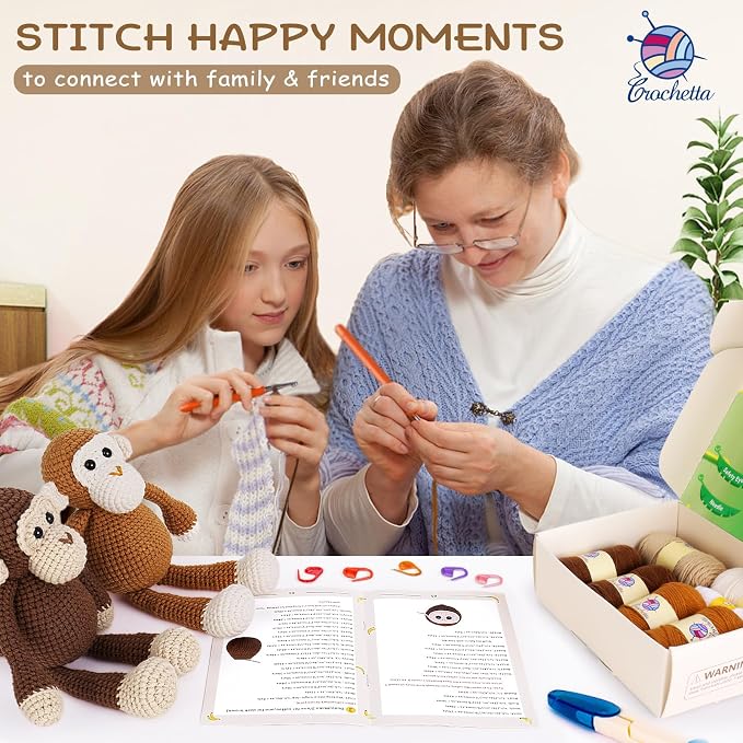 Crochetta Crochet Kit for Beginners, Crochet Kits with Step-by-Step Video Tutorials, Learn to Crochet Animal Kit for Adults Kids, DIY Craft Knitting Supplies, Monkey Amigurumi Gift(40%+ Yarn)
