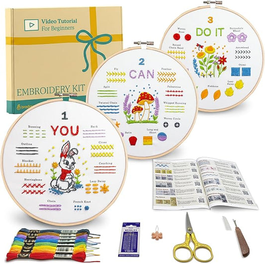Bradove Beginner Embroidery Kit for Adults and Kids | Hand Embroidery Kit for Beginners with Patterns, Learn to Embroider Kit Adult Beginner, Stitches Practice, Learn to Sew