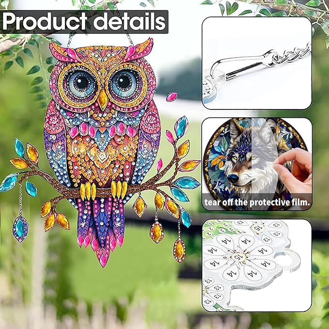 SKRYUIE Owl Hanging Pearl Diamond Art Kits for Adults Suncatcher A12 | Special Shaped Crystal DIY Hanging Diamond Painting Kit, Gift for Mother Spring Summer Window Wreath Decor 7.49 x 6.7 Inch