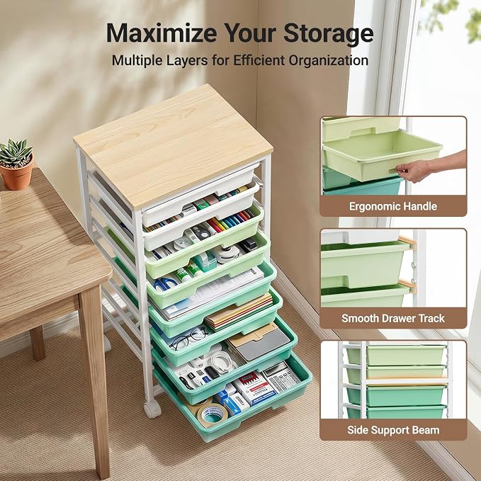 Pipishell Rolling Cart with 8 Drawers, Craft Storage Cart, Green Gradient