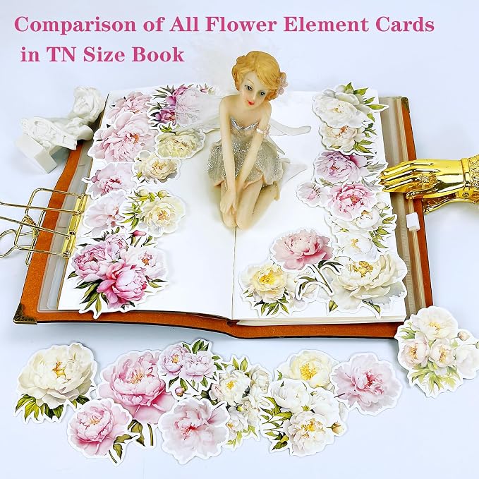 CATaireen Vintage Junk Journal Items Kit Pre Cut Paper Cards Cutout Cardstock Art Aesthetic Decor Hollow Out Craft Elements Small Embellishments Supplies for Adults Scrapbook Pack (Floral White)
