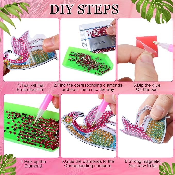 Zonon 12 Pcs Summer Flamingo Diamond Art Magnets DIY Fridge Decor | Beach Tropical Theme with Colorful Rhinestones, Hawaiian Party Sign, Magnetic for Refrigerator Cabinets Lockers Decor
