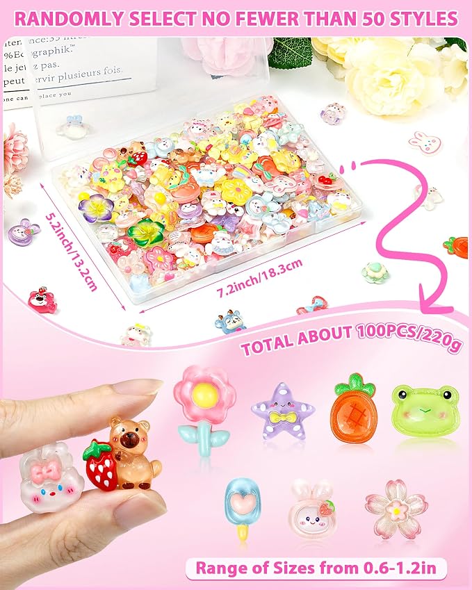 FIVEIZERO 100PCS Cute Slime Charms, Kawaii Flatback Resin Charms | 50+ Unique Designs, Glittery Finish, Easy to Glue, Lightweight and Durable, Perfect for DIY Decoration
